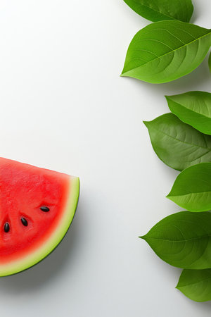 Fresh ripe watermelons and watermelon slices with green leaves are arranged on a white background, creating a vibrant and healthy image. Watermelon wallpaper, bannerの写真素材