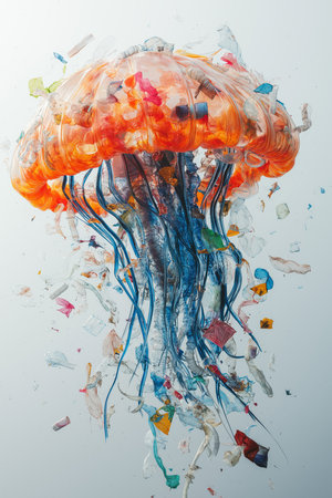 Plastic bags and other plastic garbage floating underwater forming the shape of a jellyfish, symbolizing ocean pollutionの写真素材