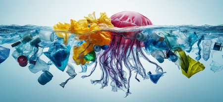 Plastic bags and other plastic garbage floating underwater forming the shape of a jellyfish,...