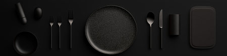 Elegant black monochrome table setting featuring plate, forks, knife, napkin, and coaster, creating a sophisticated and minimalist dining aestheticの写真素材