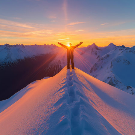 Hiker standing with arms outstretched celebrating reaching snowy mountain peak at sunsetの写真素材