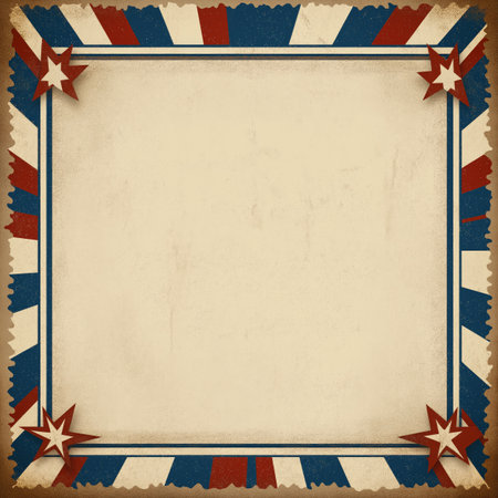 Old paper textured background with red and blue stripes and stars providing copy space. Empty vintage circus frame or posterの写真素材