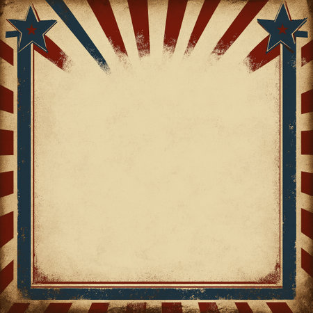 Old paper textured background with red and blue stripes and stars providing copy space. Empty vintage circus frame or posterの写真素材