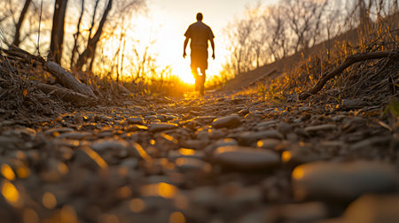 Man walking alone towards the sunset on a cobblestone path, concept of future, hope and new beginningsの写真素材