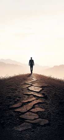 Man walking alone towards the sunset on a cobblestone path, concept of future, hope and new beginningsの写真素材