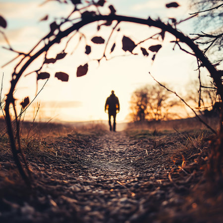Man walking alone towards the sunset on a cobblestone path, concept of future, hope and new...