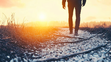 Man walking alone towards the sunset on a cobblestone path, concept of future, hope and new beginningsの写真素材