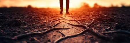 Man walking alone towards the sunset on a cobblestone path, concept of future, hope and new...