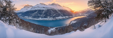 Capturing a serene winter landscape with snow-covered mountains reflecting in a tranquil alpine lake at sunrise, featuring a charming chalet in the idyllic sceneの写真素材