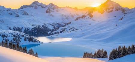 Capturing a serene winter landscape with snow-covered mountains reflecting in a tranquil alpine lake at sunrise, featuring a charming chalet in the idyllic sceneの写真素材