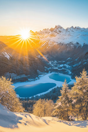 Capturing a serene winter landscape with snow-covered mountains reflecting in a tranquil alpine lake...
