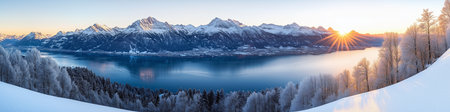 Capturing a serene winter landscape with snow-covered mountains reflecting in a tranquil alpine lake at sunrise, featuring a charming chalet in the idyllic sceneの写真素材
