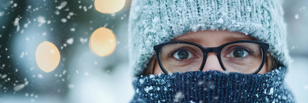 Close-up of woman wearing winter clothes protecting herself from heavy snowfall