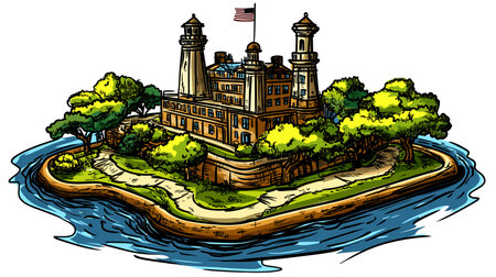 Vector comic hand-drawn illustration of Ellis Island. Ellis Island in New Yorkのイラスト素材
