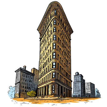 Vector comic hand-drawn illustration of Flatiron building. Flatiron building in New Yorkのイラスト素材