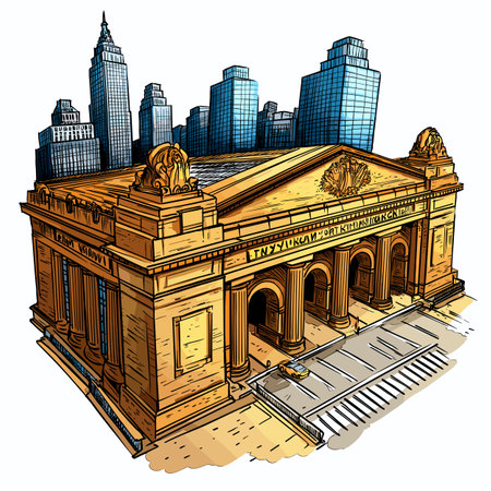Vector comic hand-drawn illustration of Grand Central Terminal. Grand Central Terminal in New Yorkのイラスト素材