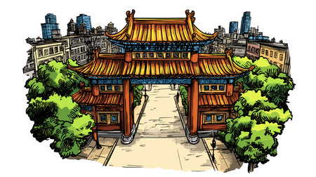 Chinatown gate in New York. Vector comic hand-drawn illustration of Chinatown gateのイラスト素材