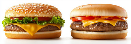 Delicious cheeseburger with lettuce, tomato, beef patty and sesame bun on white backgroundの写真素材