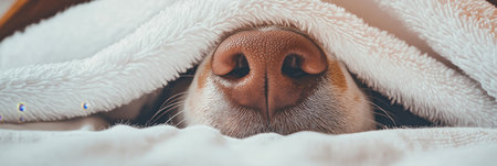 Cute dog is sleeping under white blanket showing noseの写真素材