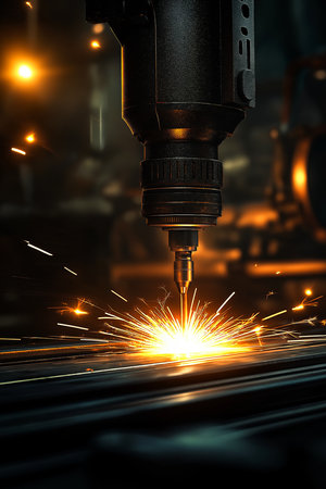 Industrial laser cutter making sparks during metal processing in factoryの写真素材