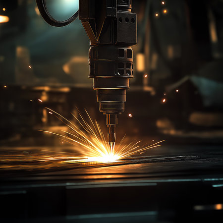 Industrial laser cutter making sparks during metal processing in factoryの写真素材