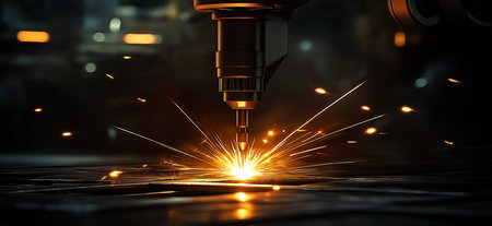 Industrial laser cutter making sparks during metal processing in factory