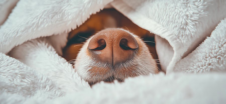 Cute dog is sleeping under white blanket showing noseの写真素材