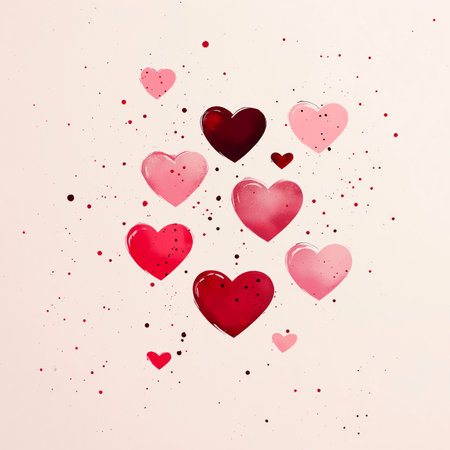 Watercolor pink and red hearts floating on light pink backgroundの写真素材