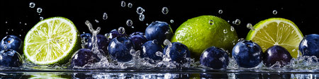 Fresh limes and blueberries splashing in water on black backgroundの写真素材