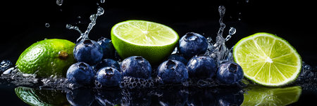 Fresh limes and blueberries splashing in water on black backgroundの写真素材