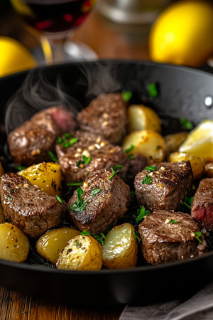 Sizzling pan-seared beef medallions with roasted potatoes and parsley garnishの写真素材