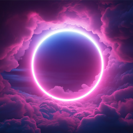Glowing neon circle illuminating vibrant purple clouds in a fantasy skyの写真素材