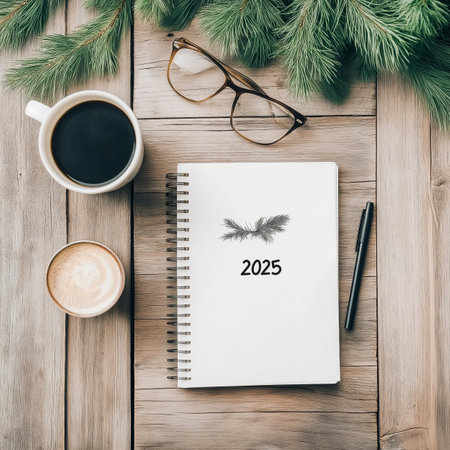 2025 goals written on notebook surrounded by christmas decorations and coffeeの写真素材