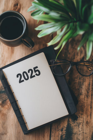 2025 goals written on notebook surrounded by coffeeの写真素材