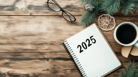 2025 goals written on notebook surrounded by christmas decorations and coffeeの写真素材