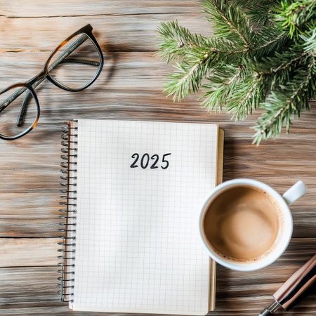 2025 goals written on notebook surrounded by christmas decorations and coffeeの写真素材