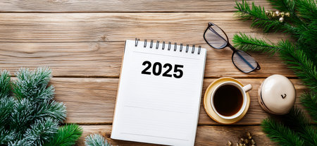 2025 goals written on notebook surrounded by christmas decorations and coffee
