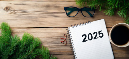 2025 goals written on notebook surrounded by christmas decorations and coffeeの写真素材