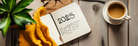 2025 goals written on notebook surrounded by christmas decorations and coffeeの写真素材