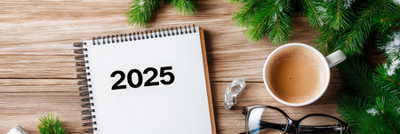2025 goals written on notebook surrounded by christmas decorations and coffeeの写真素材