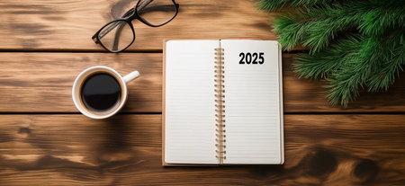 2025 goals written on notebook surrounded by christmas decorations and coffeeの写真素材