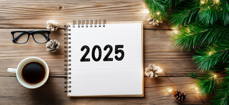2025 goals written on notebook surrounded by christmas decorations and coffeeの写真素材