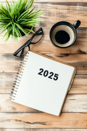 2025 goals written on notebook surrounded by coffeeの写真素材