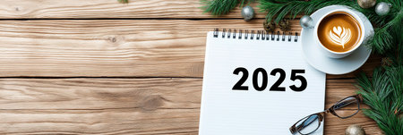 2025 goals written on notebook surrounded by christmas decorations and coffeeの写真素材