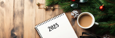 2025 goals written on notebook surrounded by christmas decorations and coffee