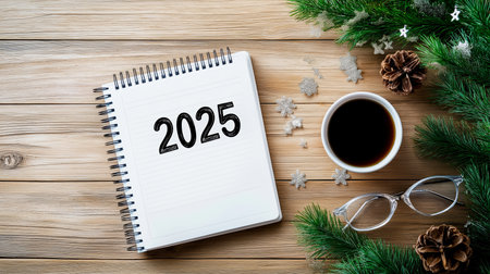2025 goals written on notebook surrounded by christmas decorations and coffee