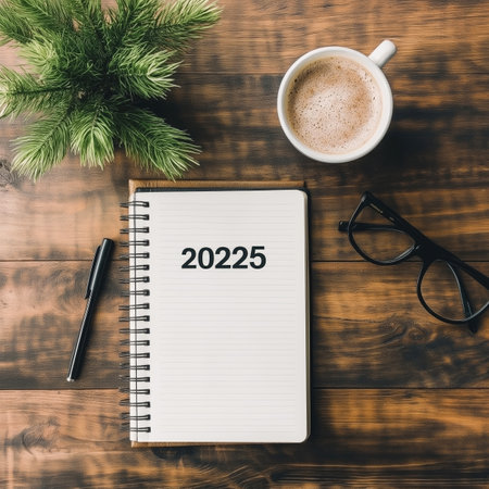 2025 goals written on notebook surrounded by coffeeの写真素材