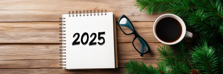 2025 goals written on notebook surrounded by christmas decorations and coffeeの写真素材