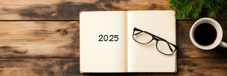 2025 goals written on notebook surrounded by christmas decorations and coffeeの写真素材