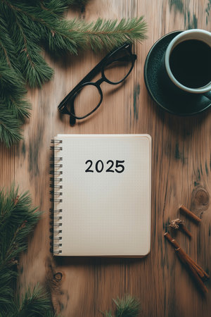 2025 goals written on notebook surrounded by christmas decorations and coffeeの写真素材